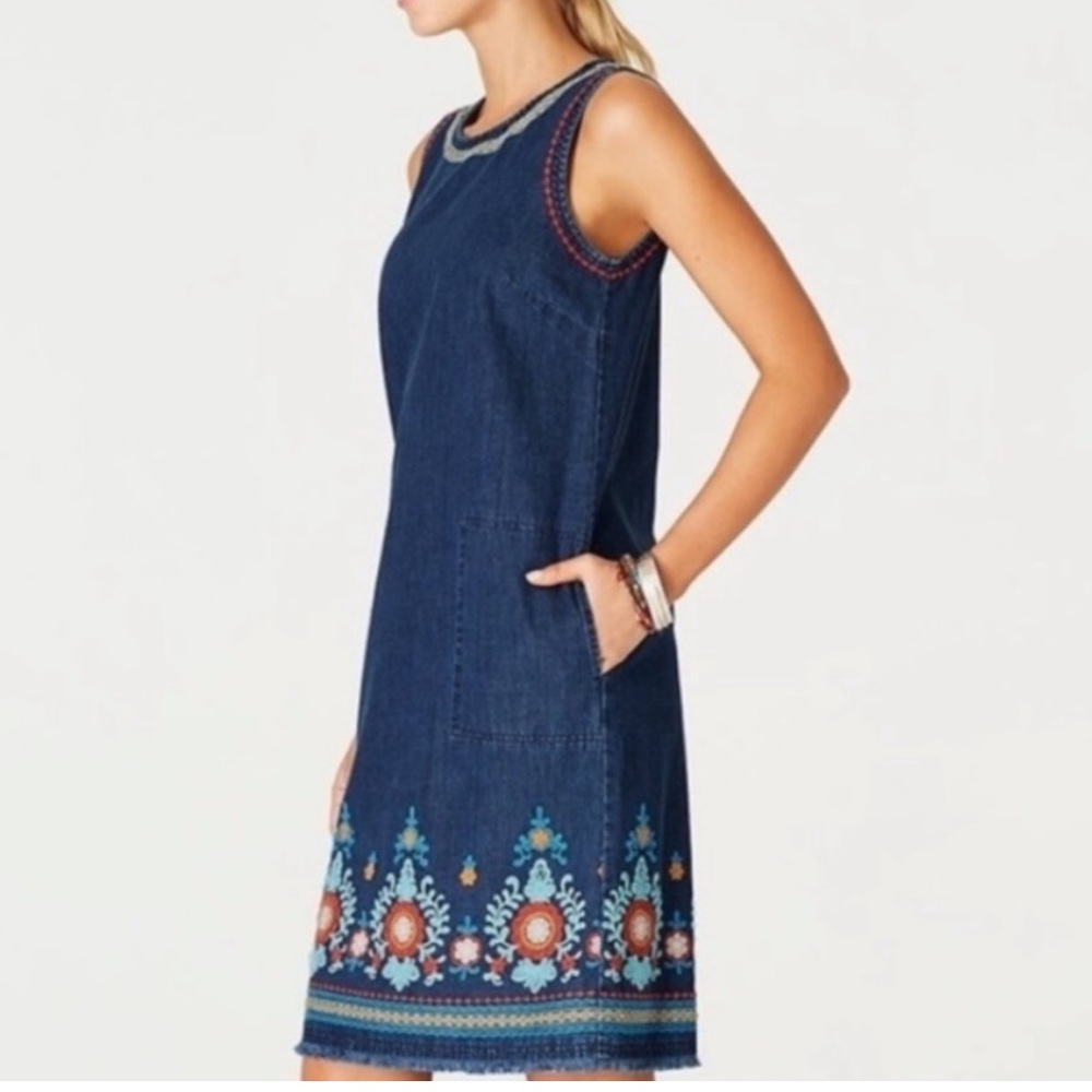 J Jill sleeveless embroidered denim dress with large pockets and fringe hem
